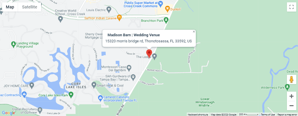 Map showing location of Madison Barn wedding venue in Thonotosassa, FL.